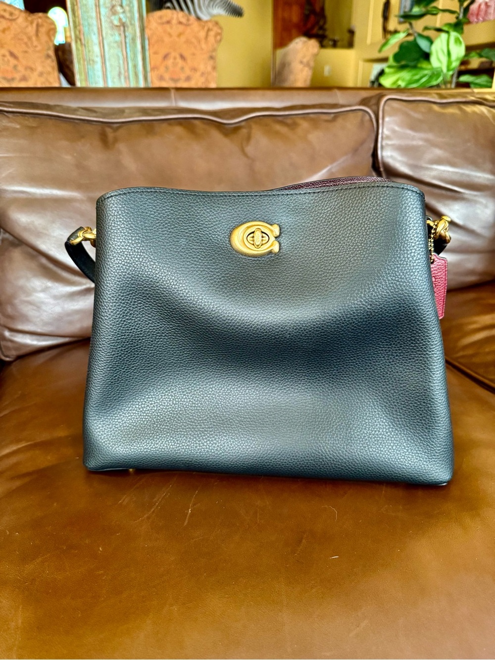 Coach Black Pebbled Leather Shoulder Bag with Gold Hardware and Pink Accent